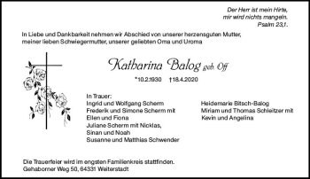 Traueranzeige von Katharina Balog von vrm-trauer