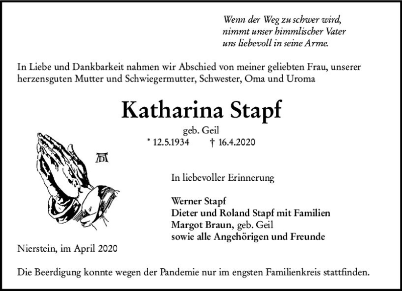  Traueranzeige für Katharina Stapf vom 25.04.2020 aus vrm-trauer