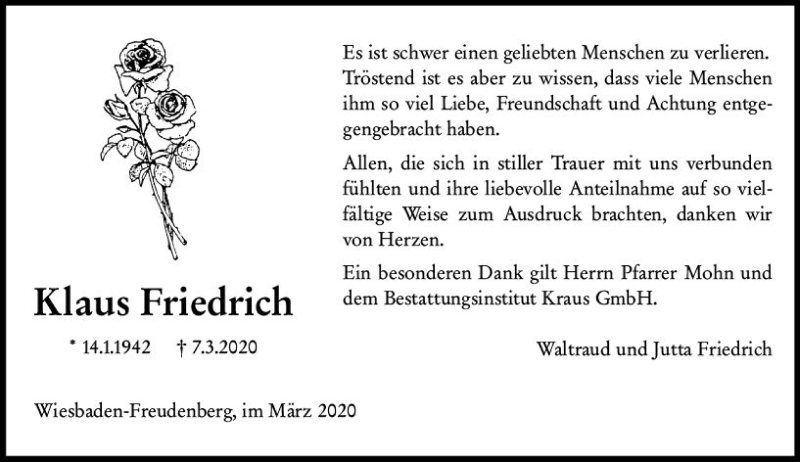  Traueranzeige für Klaus Friedrich vom 28.03.2020 aus vrm-trauer
