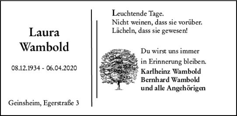  Traueranzeige für Laura Wambold vom 11.04.2020 aus vrm-trauer