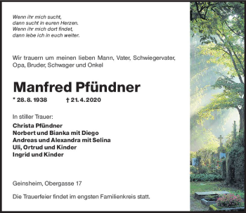 Traueranzeige von Manfred Pfündner von vrm-trauer
