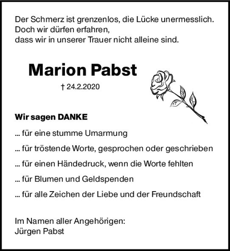  Traueranzeige für Marion Pabst vom 28.03.2020 aus vrm-trauer