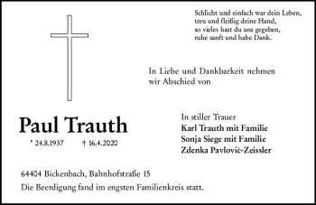 Traueranzeige von Paul Trauth von vrm-trauer