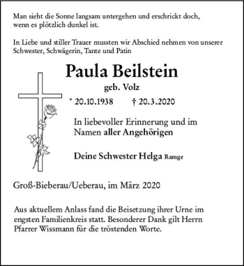 Traueranzeige von Paula Beilstein von vrm-trauer