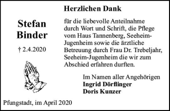 Traueranzeige von Stefan Binder von vrm-trauer