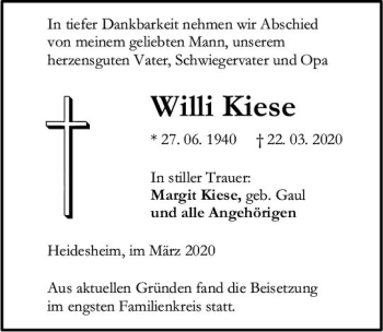 Traueranzeige von Willi Kiese von vrm-trauer
