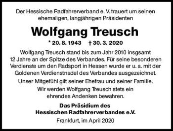 Traueranzeige von Wolfgang Treusch von vrm-trauer