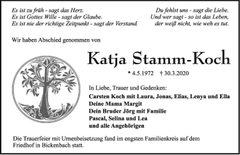 Traueranzeige von Katja Stamm-Koch 
