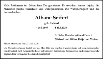 Traueranzeige von Albane Seifert von vrm-trauer