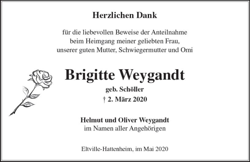  Traueranzeige für Brigitte Weygandt vom 16.05.2020 aus vrm-trauer