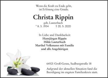 Traueranzeige von Christa Rippin von vrm-trauer
