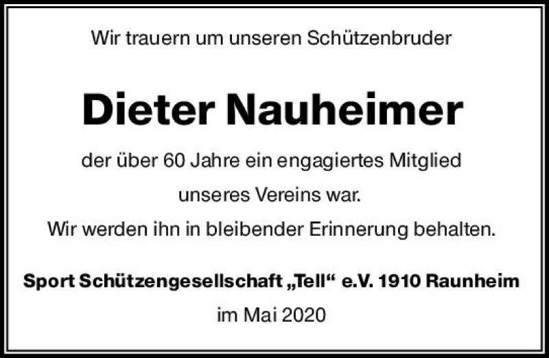  Traueranzeige für Dieter Nauheimer vom 20.05.2020 aus vrm-trauer