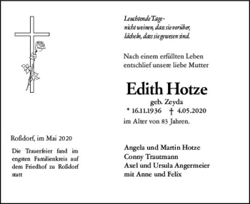 Traueranzeige von Edith Hotze von vrm-trauer