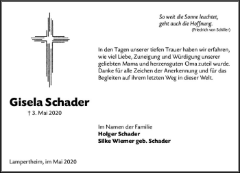 Traueranzeige von Gisela Schader von vrm-trauer