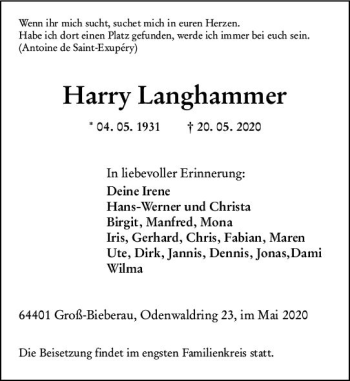 Traueranzeige von Harry Langhammer von vrm-trauer