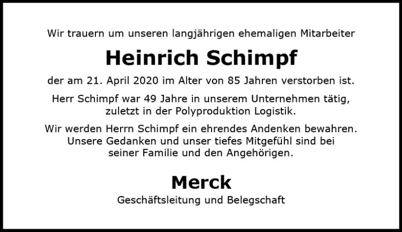  Traueranzeige für Heinrich Schimpf vom 04.05.2020 aus vrm-trauer