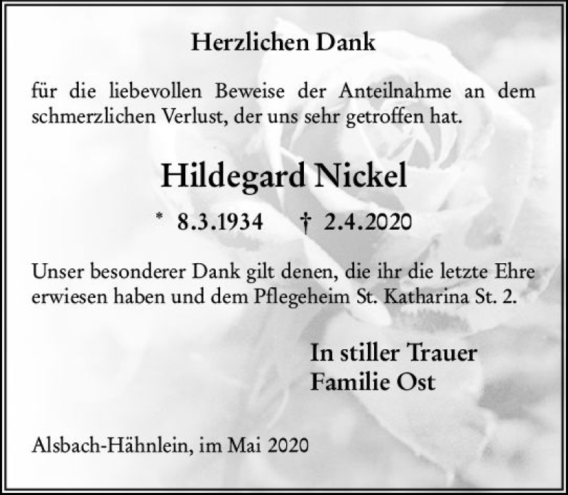  Traueranzeige für Hildegard Nickel vom 09.05.2020 aus vrm-trauer