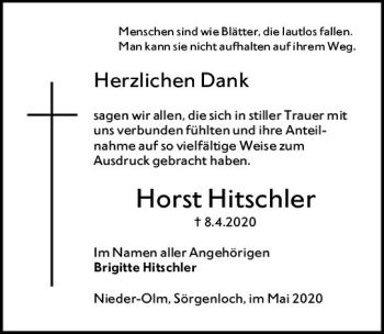 Traueranzeige von Horst Hitschler von vrm-trauer