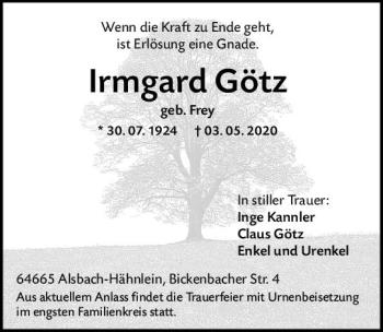 Traueranzeige von Irmgard Götz von vrm-trauer