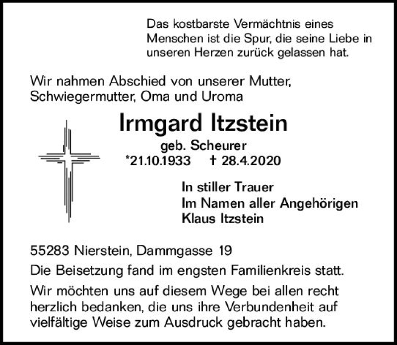  Traueranzeige für Irmgard Itzstein vom 16.05.2020 aus vrm-trauer
