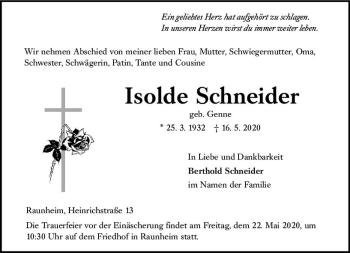 Traueranzeige von Isolde Schneider von vrm-trauer