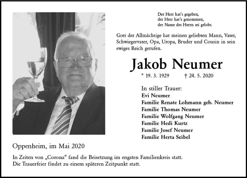  Traueranzeige für Jakob Neumer vom 30.05.2020 aus vrm-trauer