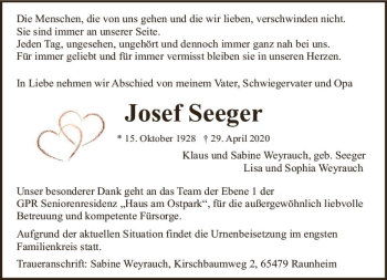 Traueranzeige von Josef Seeger von vrm-trauer