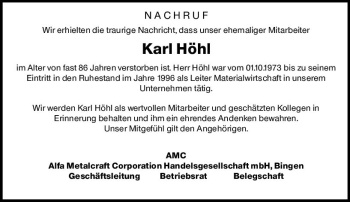 Traueranzeige von Karl Höhl von vrm-trauer