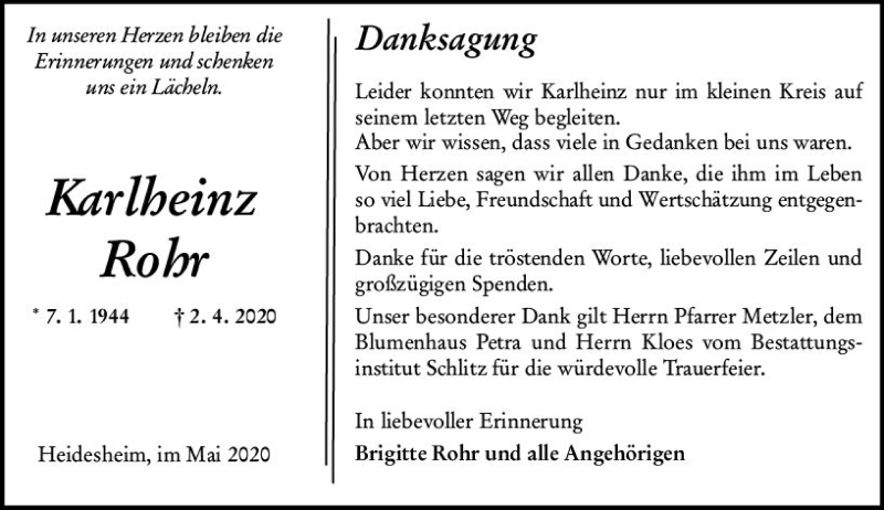  Traueranzeige für Karlheinz Rohr vom 09.05.2020 aus vrm-trauer