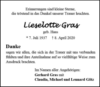 Traueranzeige von Lieselotte Gras von vrm-trauer