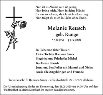 Traueranzeige von Melanie Reusch von vrm-trauer