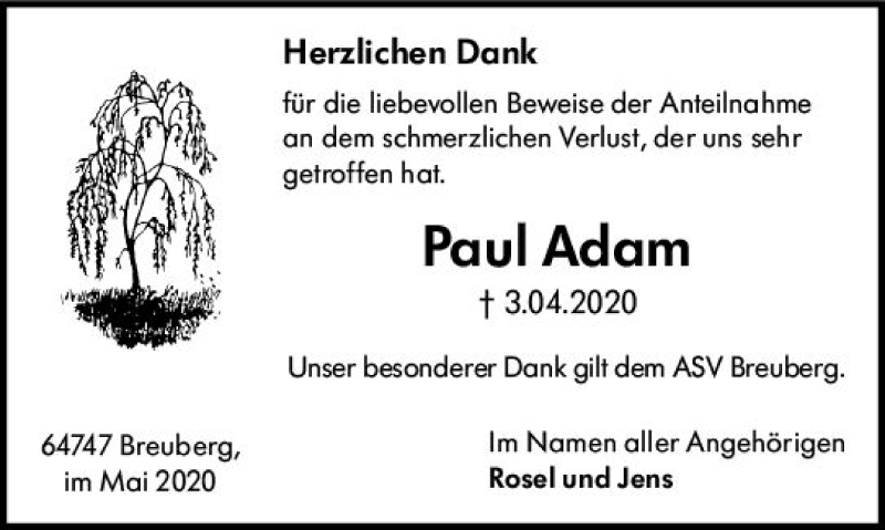  Traueranzeige für Paul Adam vom 07.05.2020 aus vrm-trauer
