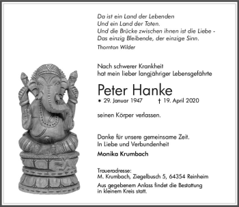 Traueranzeige von Peter Hanke von vrm-trauer