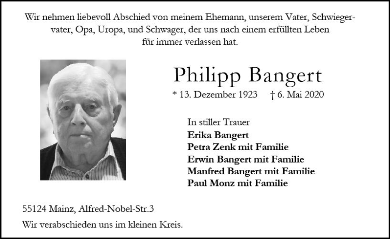  Traueranzeige für Philipp Bangert vom 16.05.2020 aus vrm-trauer