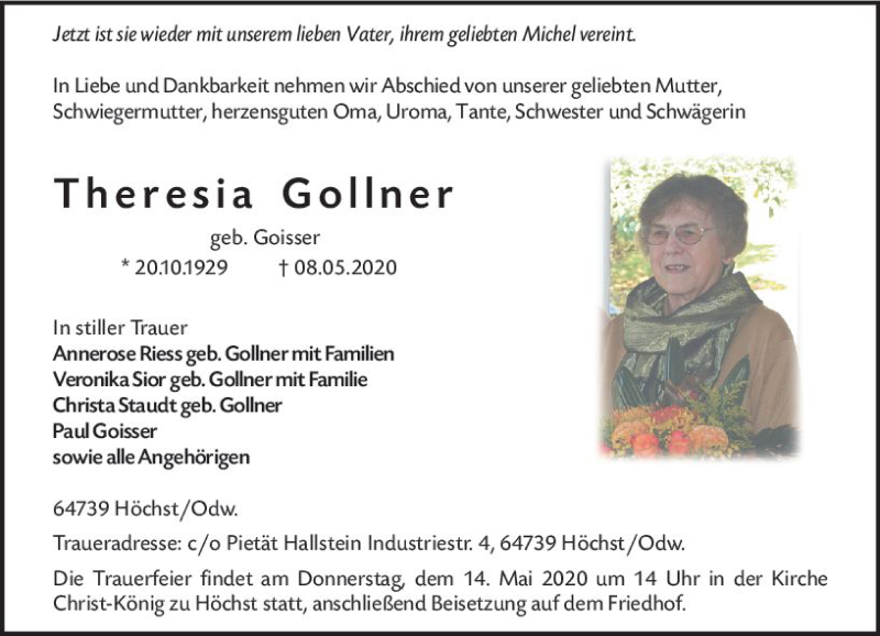  Traueranzeige für Theresia Gollner vom 12.05.2020 aus vrm-trauer