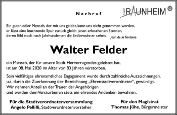 Traueranzeige von Walter Felder von vrm-trauer
