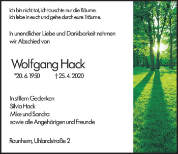 Traueranzeige von Wolfgang Hack von vrm-trauer