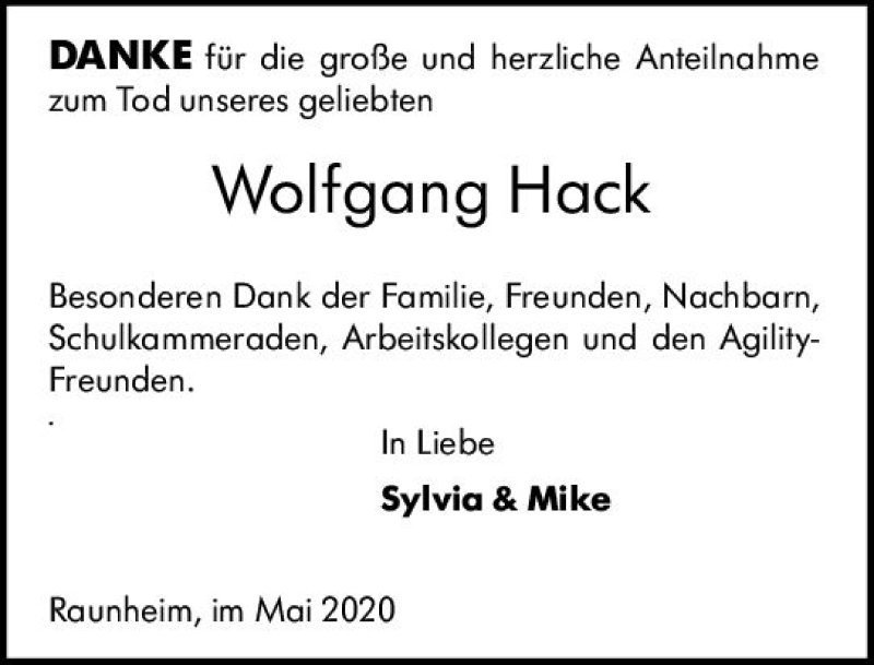  Traueranzeige für Wolfgang Hack vom 16.05.2020 aus vrm-trauer