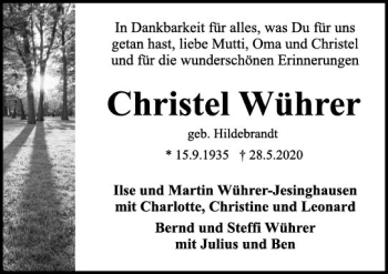 Traueranzeige von Christel Wührer von vrm-trauer