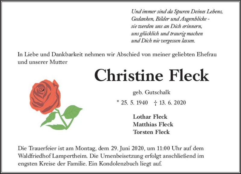  Traueranzeige für Christine Fleck vom 25.06.2020 aus vrm-trauer
