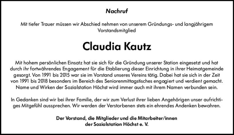  Traueranzeige für Claudia Kautz vom 16.06.2020 aus vrm-trauer