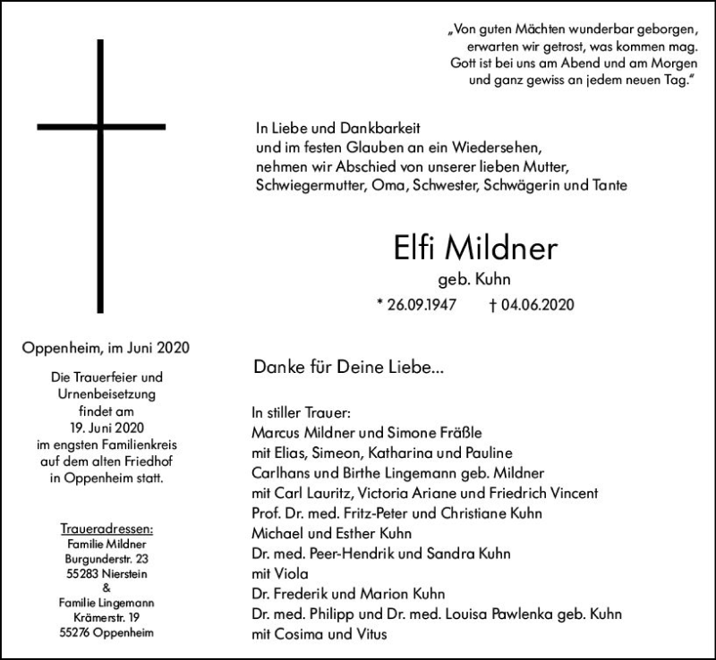  Traueranzeige für Elfi Mildner vom 12.06.2020 aus vrm-trauer