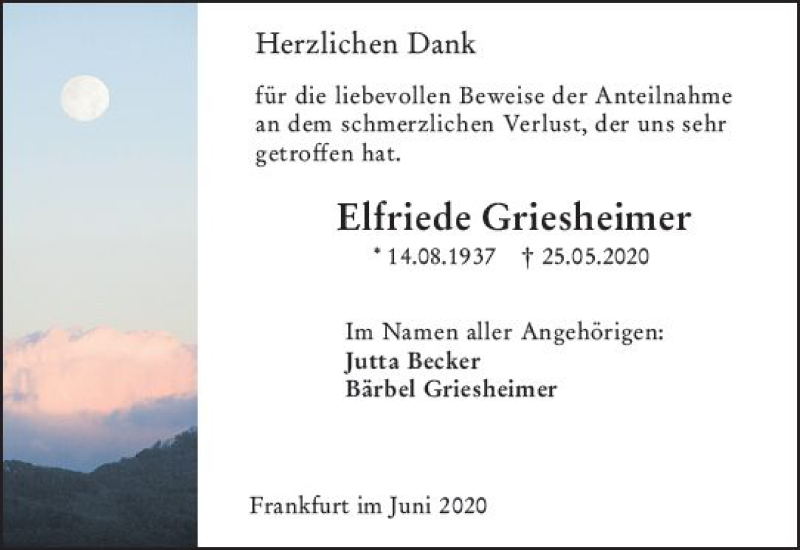  Traueranzeige für Elfriede Griesheimer vom 13.06.2020 aus vrm-trauer