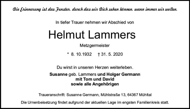  Traueranzeige für Helmut Lammers vom 06.06.2020 aus vrm-trauer
