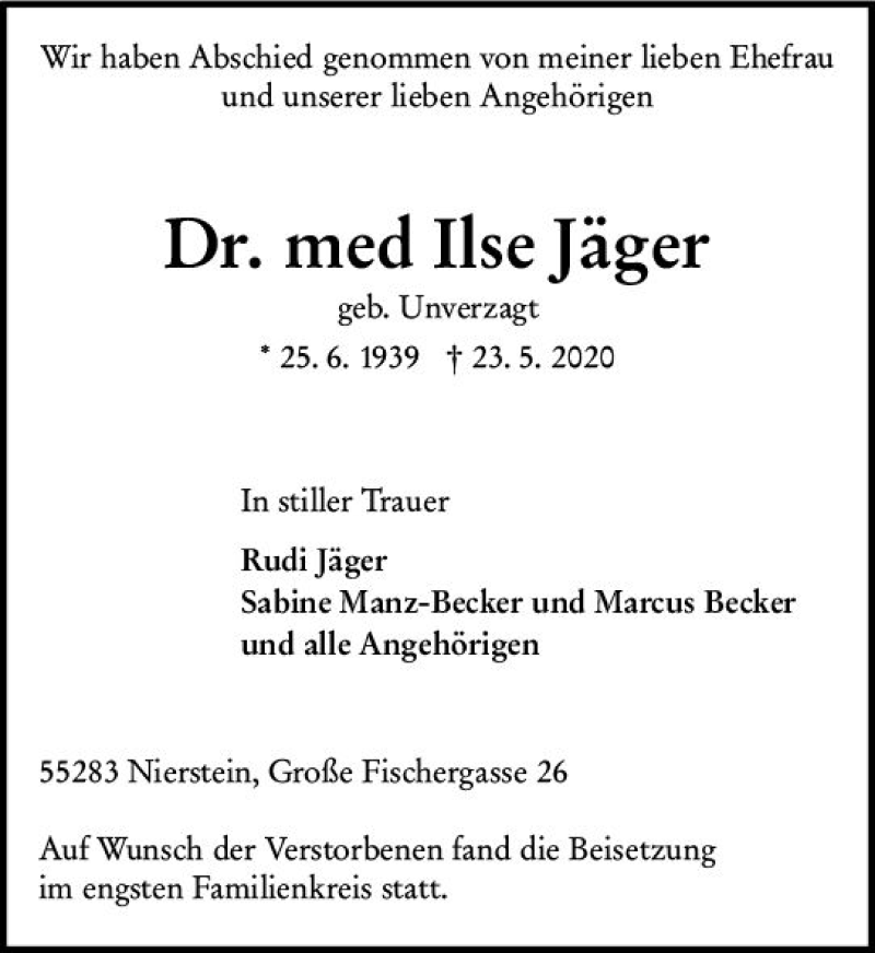  Traueranzeige für Ilse Jäger vom 13.06.2020 aus vrm-trauer