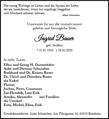 Traueranzeige von Ingrid Bauer von vrm-trauer
