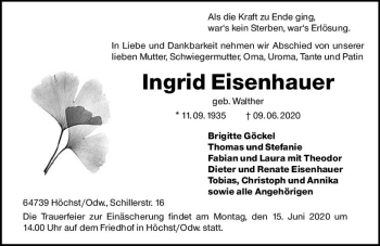 Traueranzeige von Ingrid Eisenhauer von vrm-trauer
