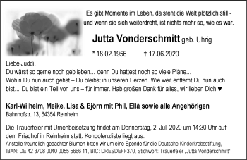 Traueranzeige von Jutta Vonderschmitt von vrm-trauer