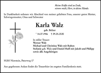 Traueranzeige von Karla Walz von vrm-trauer