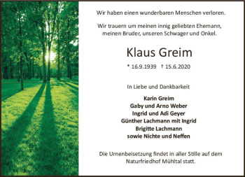 Traueranzeige von Klaus Greim von vrm-trauer